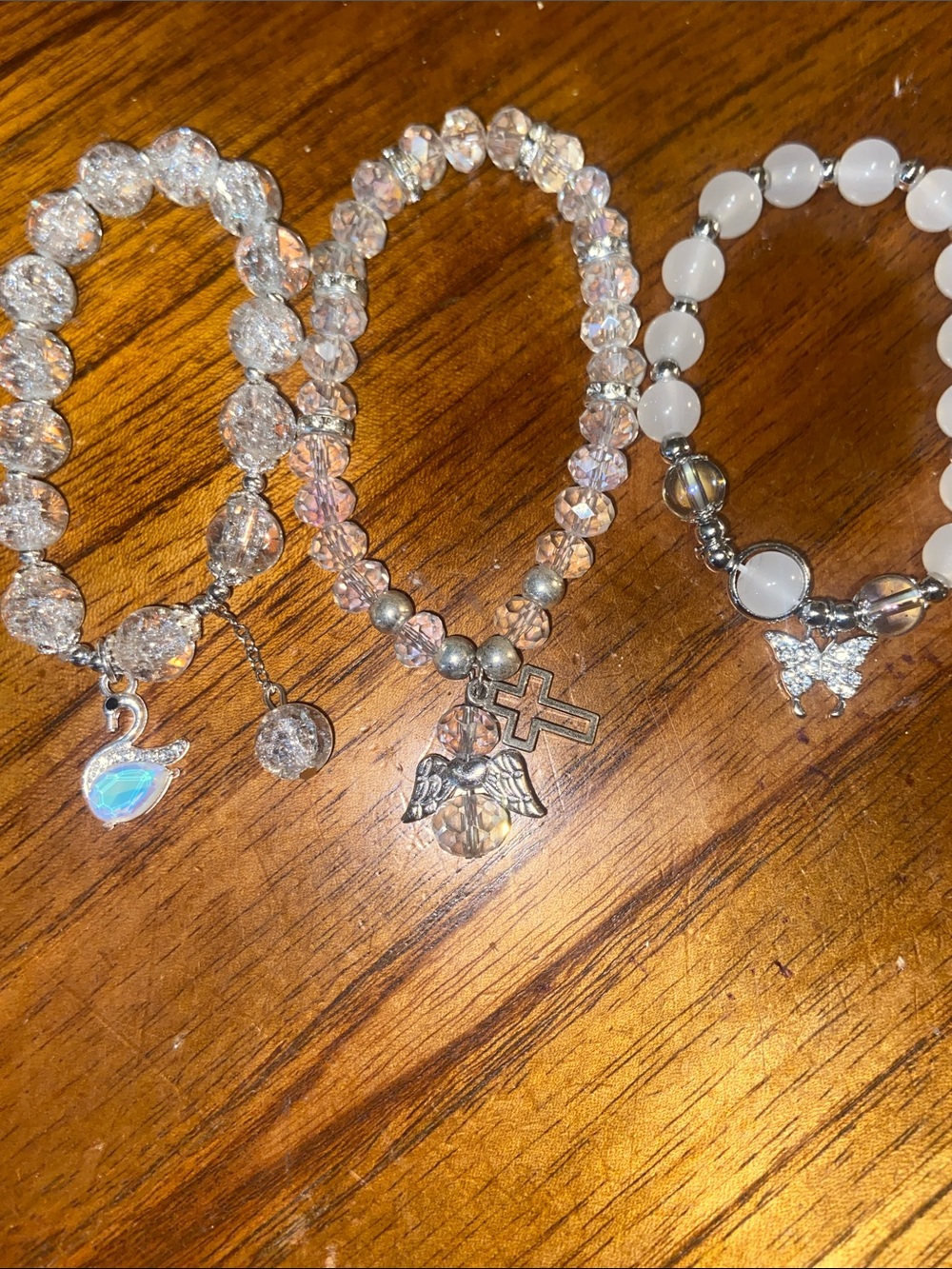 Crystal Beaded Angel & Cross Stretch Bracelet set/3 clear Crystal